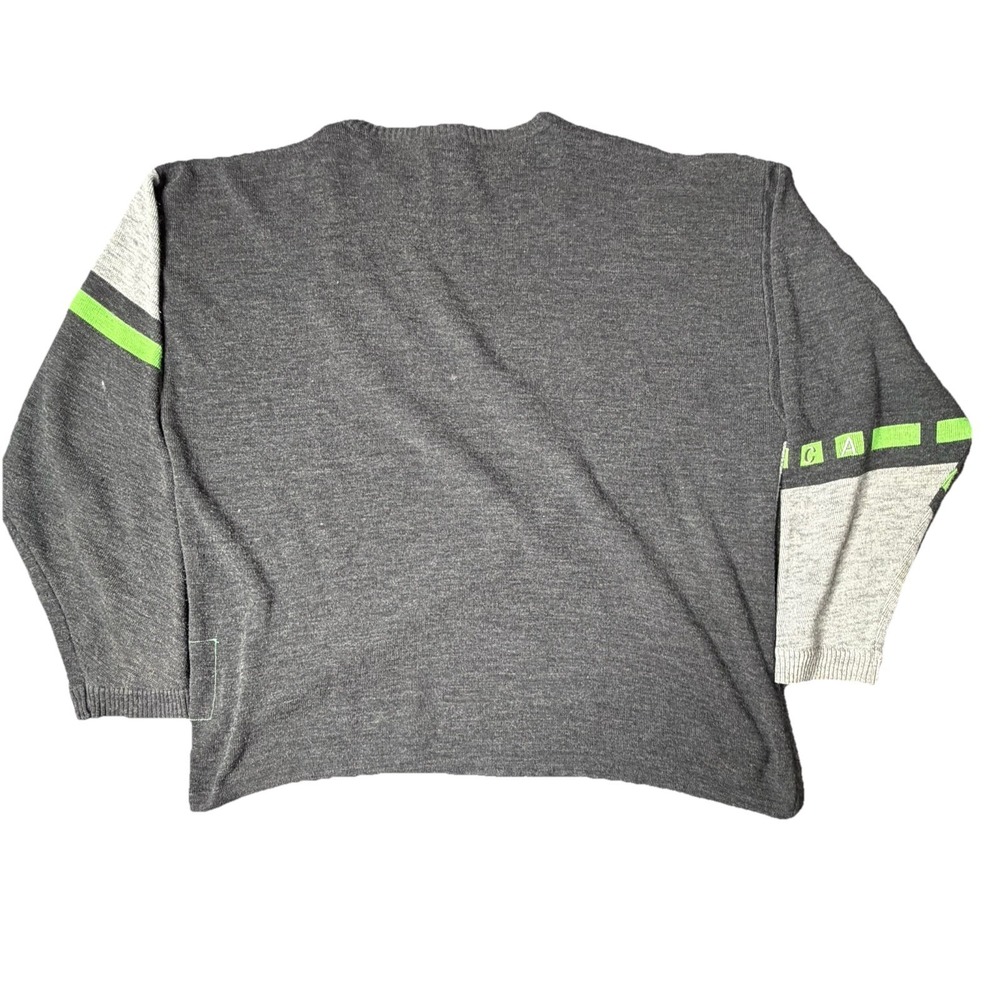 Mecca Sweater Mens XXL Gray Green Crewneck Striped Embroidered Logo Y2K - Picture 9 of 9